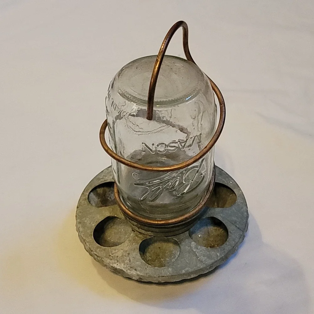 Vintage Ball Mason Jar Chicken Small Animal Metal Feeder w/Copper Hanger Rustic